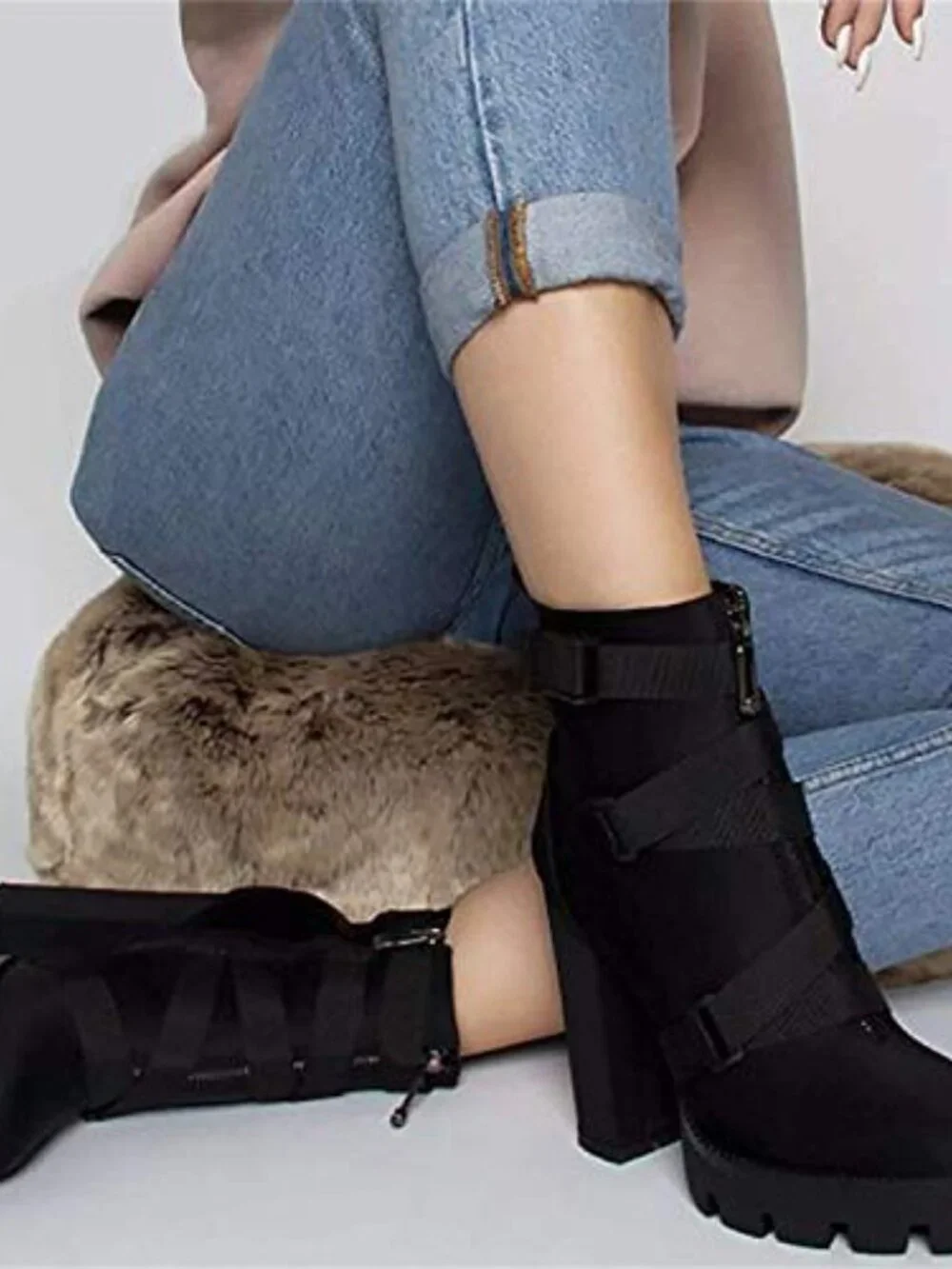 Fashion Platform Block High Heel Booties Buckle Strap Zipper Ankle Boots